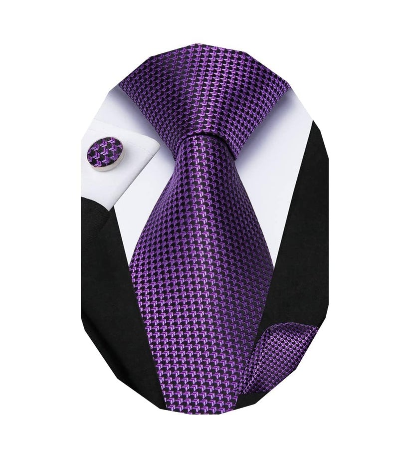 Dubulle Mens Black Purple Striped Tie WOVEN Necktie for Men and Handkerchief Cufflinks Set Wedding Formal Business - Image 1